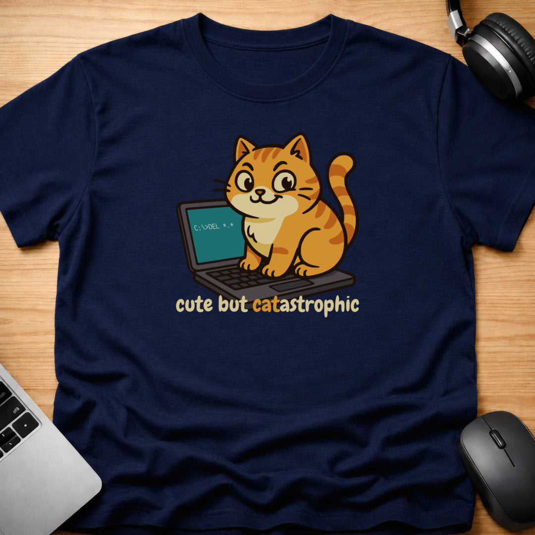 Cat on laptop pc typing delete command t-shirt