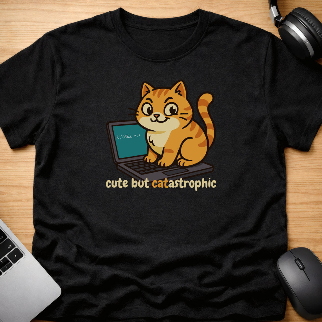 Cat on laptop pc typing delete command t-shirt