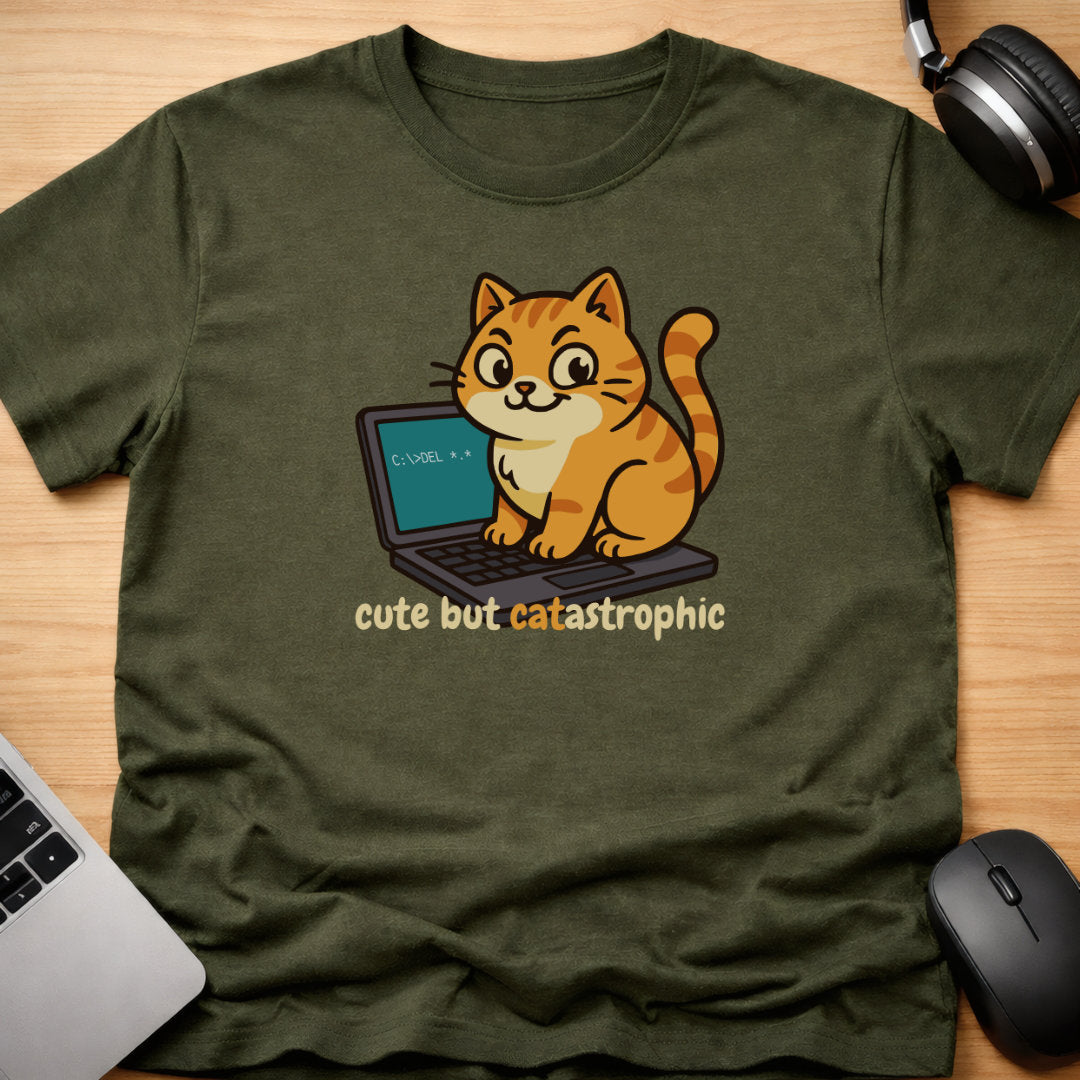 Cat on laptop pc typing delete command t-shirt