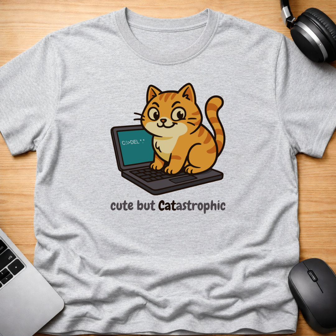 Cat on laptop pc typing delete command t-shirt
